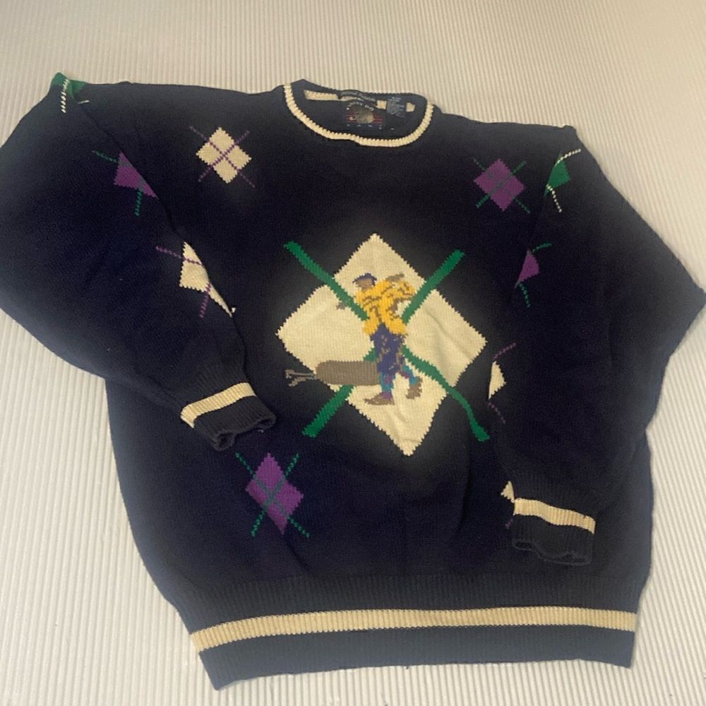 Vintage Salty Dog Mens Golf Sweater Size Large Argyle Hand Knit Navy Gant Preppy